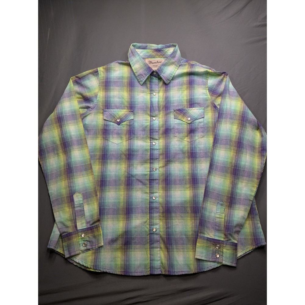 Wrangler Wrancher Womens XL Purple Green Plaid Western Snap Shirt LWR7069
